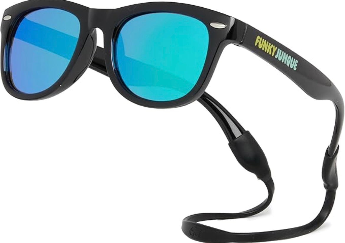 Kids Flexible Wire Sunglasses | Black with Green Mirror Lenses